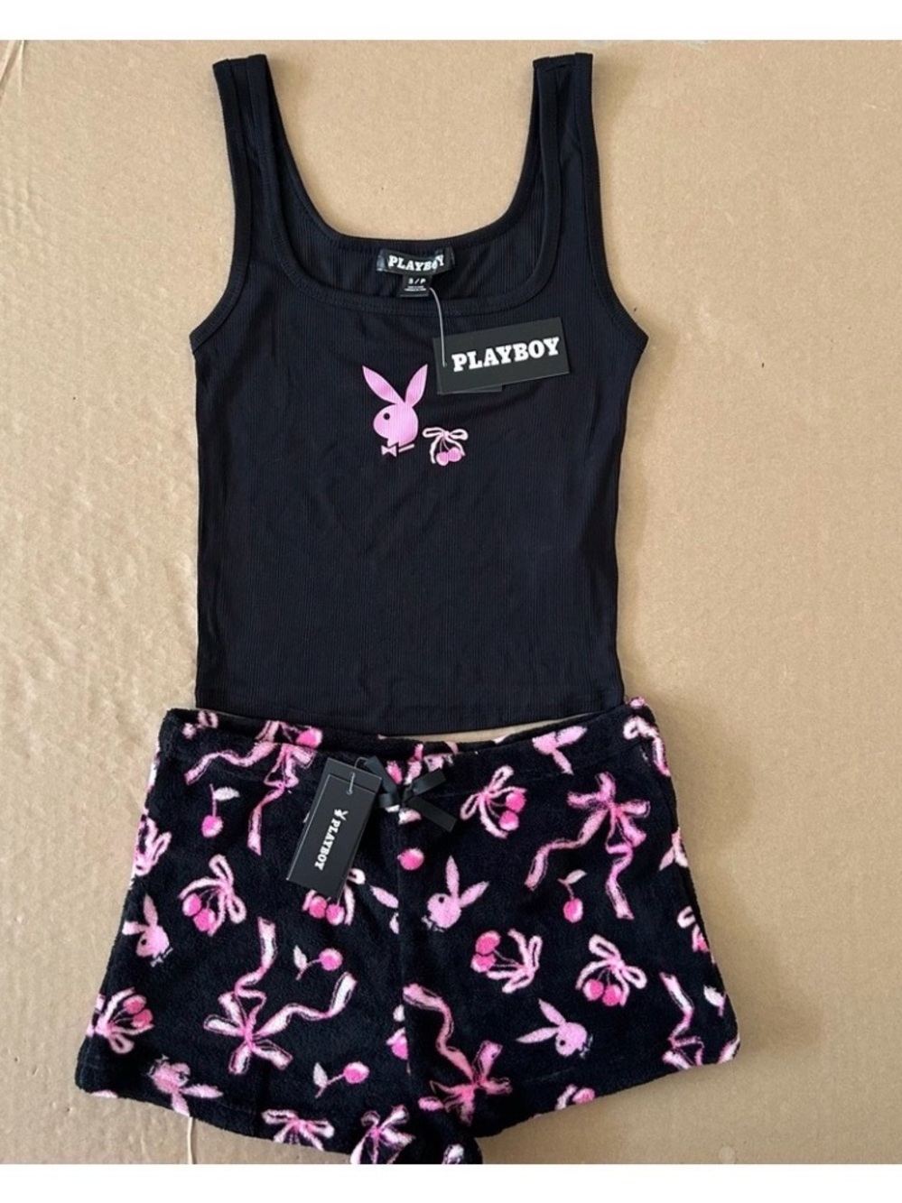 Playboy Tank & Plush Short 2 Piece Pajama Set Small Sleepwear Cherry Print NEW